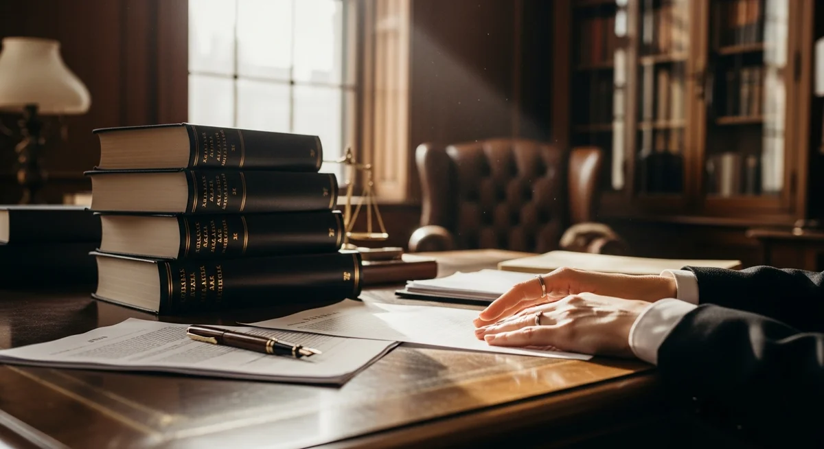 A hand resting on legal documents on a wooden desk, symbolizing completed action in a legal context.
