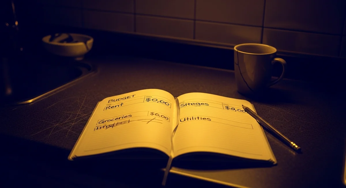 A duotone image of an open, nearly empty budget notebook on a kitchen counter, representing financial hardship and inequality.