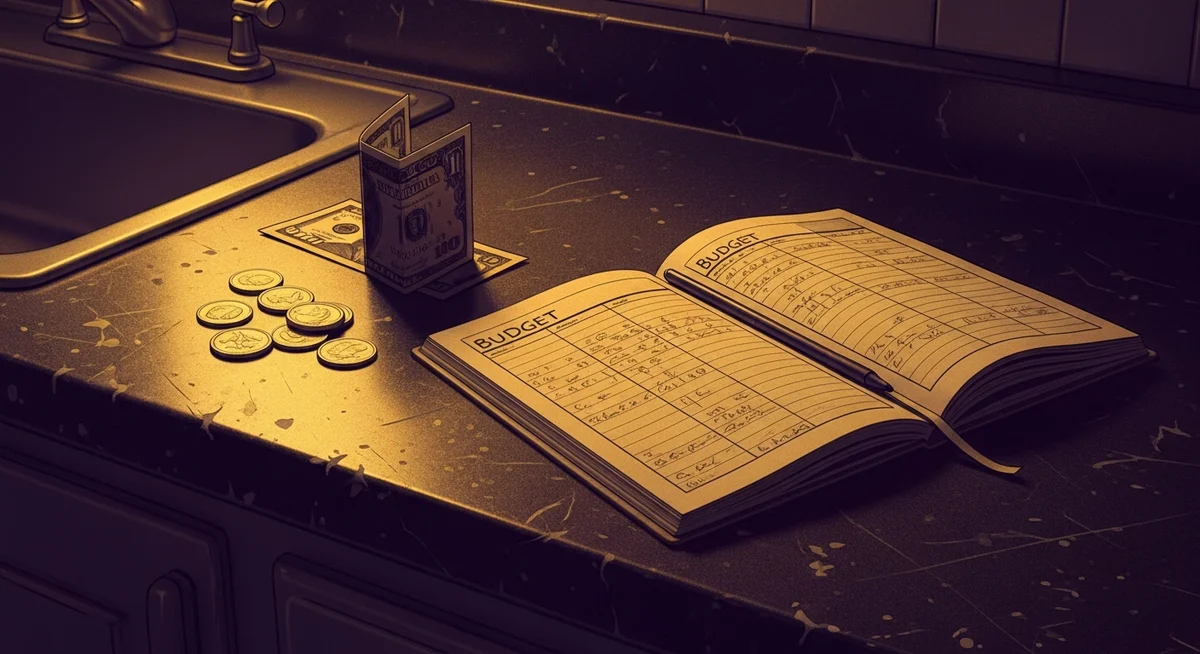 A duotone image of an open budget notebook on a kitchen counter with scattered coins, representing financial calculations for high costs.