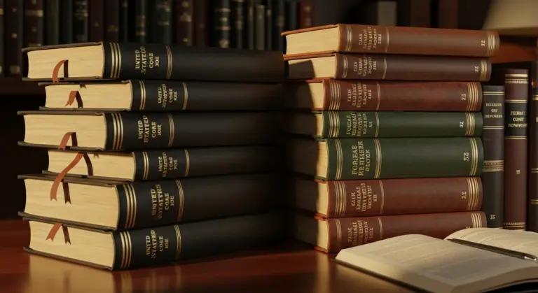 Stacks of thick, leather-bound books rest on a wooden desk with an open volume in the foreground