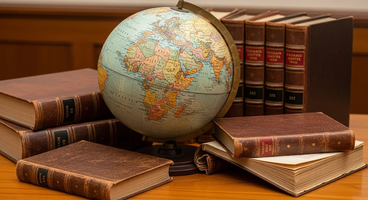 An antique world globe on a warm wooden desk, surrounded by stacked old leather law books, illuminated by soft, natural daylight.