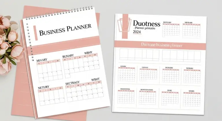 Two open business planners lay on a flat surface next to a bouquet of light pink flowers