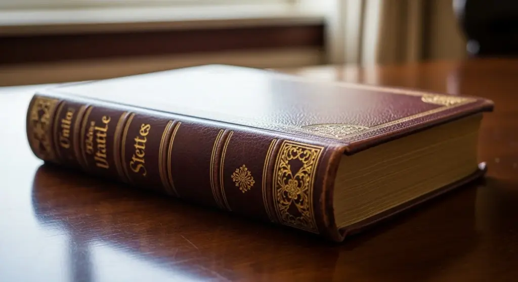 A leather-bound book with gold decorative filigree sits on a polished wooden surface