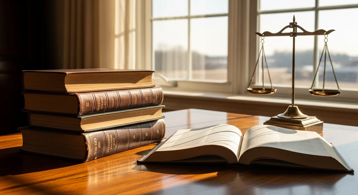 A stack of old, leather-bound law books on a polished wooden desk, with an antique scale of justice in the background, bathed in warm natural light.