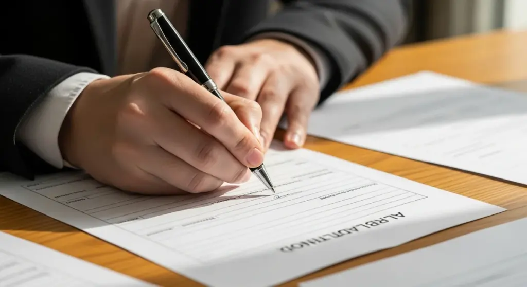 A person in a dark suit signs a document with a black pen on a wooden desk