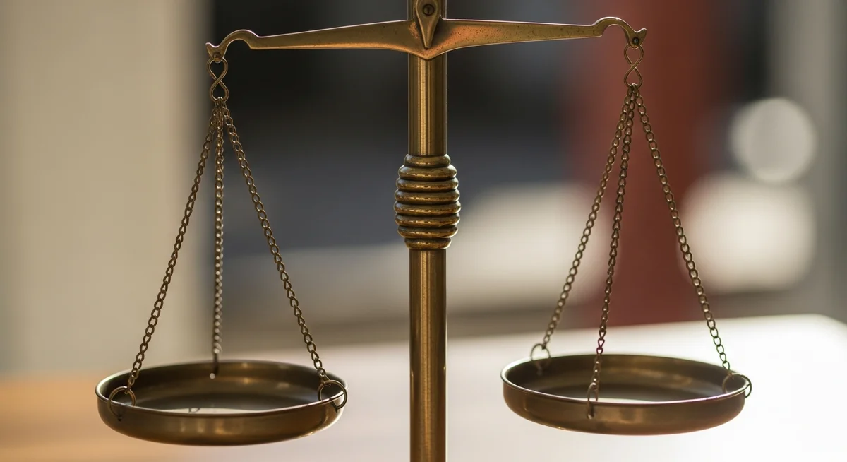 A close-up of classic bronze scales of justice with one side slightly lower, bathed in warm light.