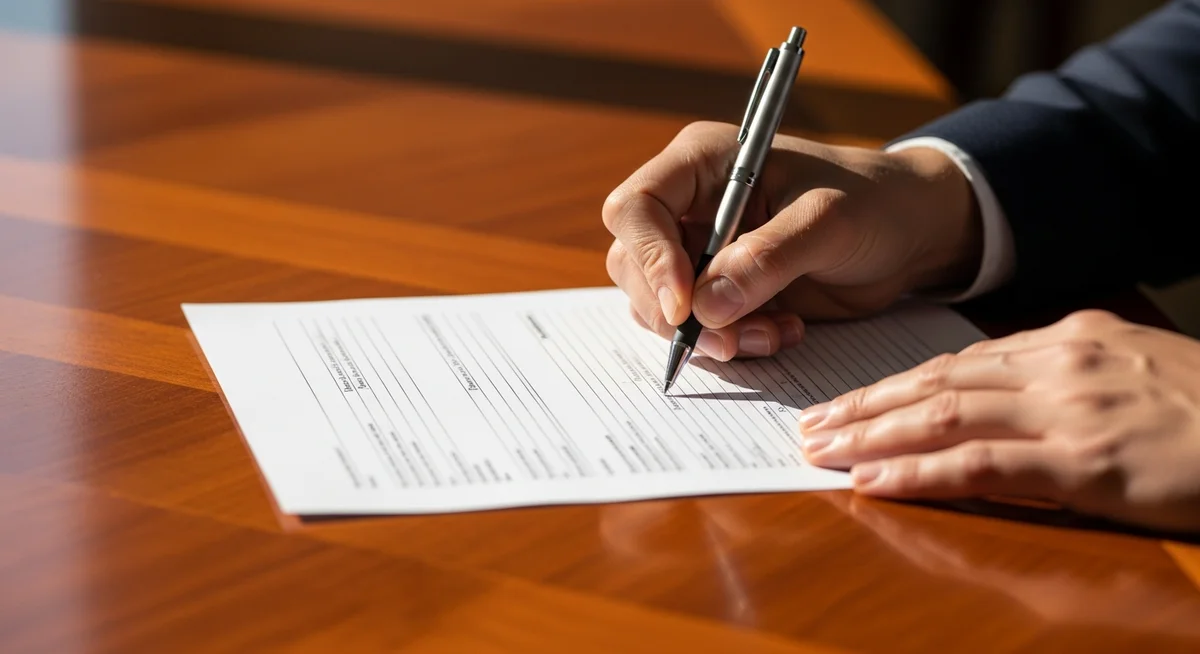 Hands filling out legal paperwork on a warm wooden desk, with blurred law books in the background, bathed in sunlight.
