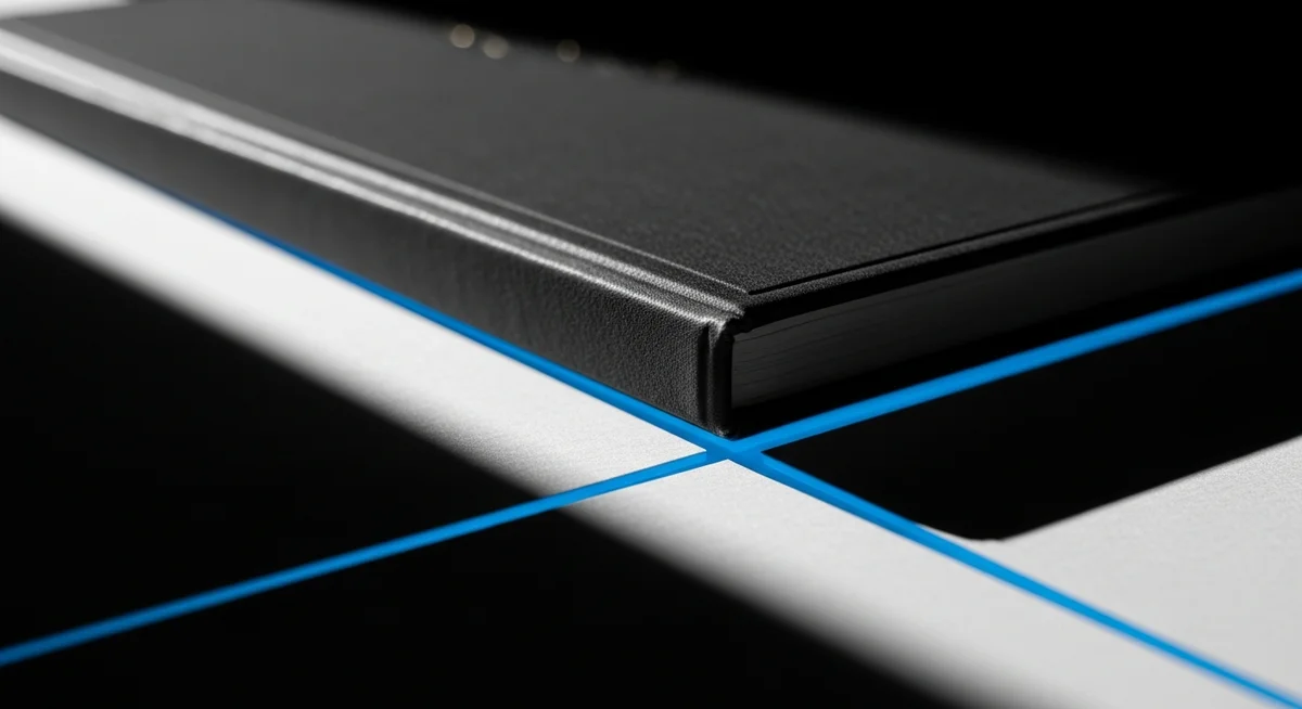 A black hardcover book rests on a white surface intersected by bright blue lines
