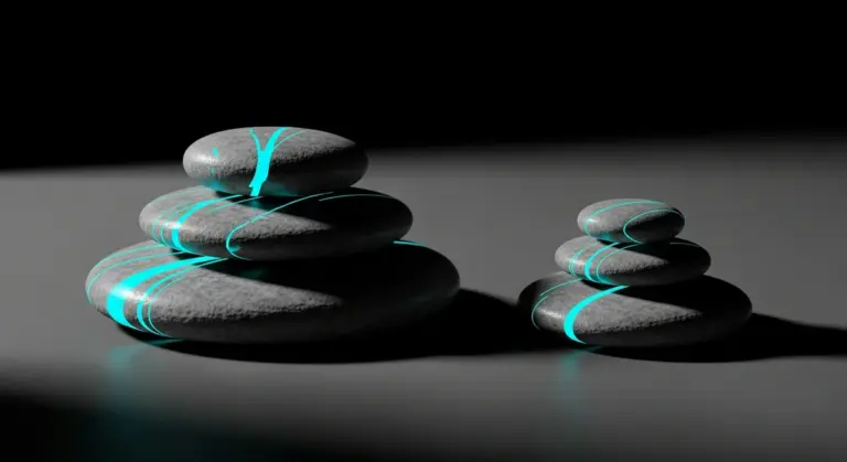 Two stacks of grey stones with glowing blue light veins on a dark surface