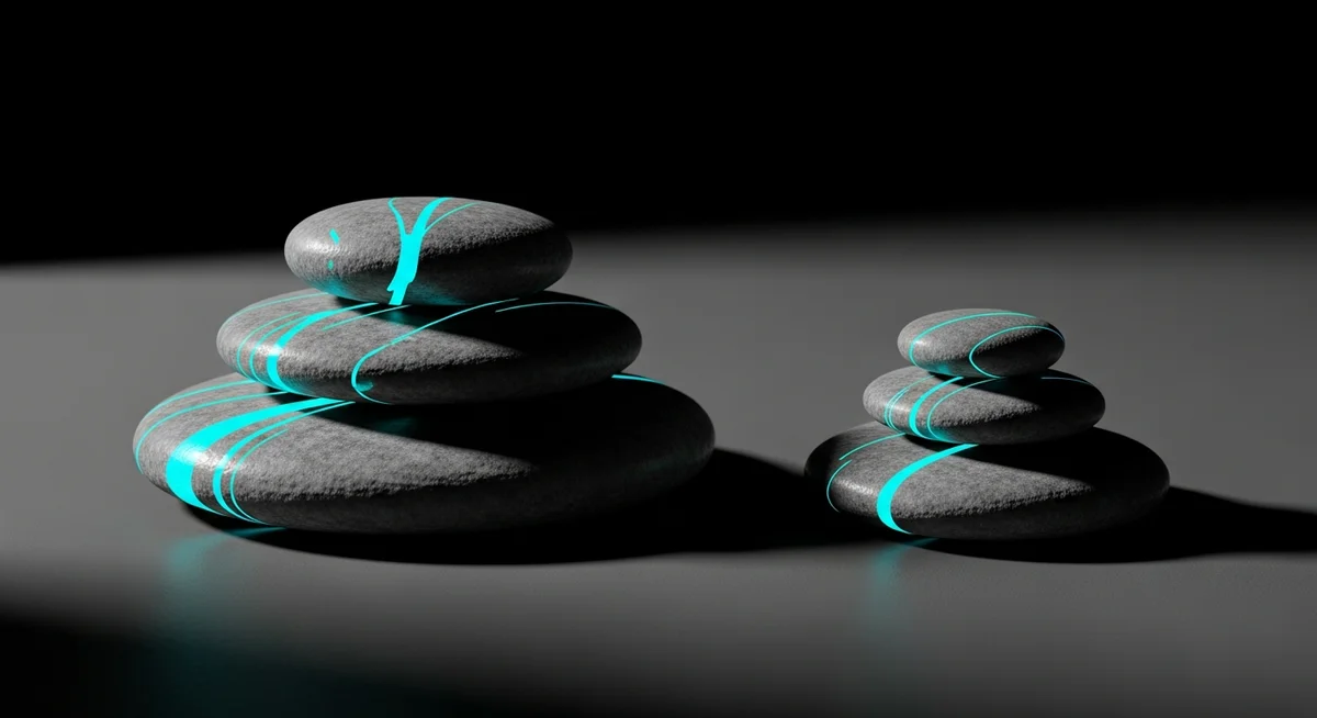 Two stacks of grey stones with glowing blue light veins on a dark surface