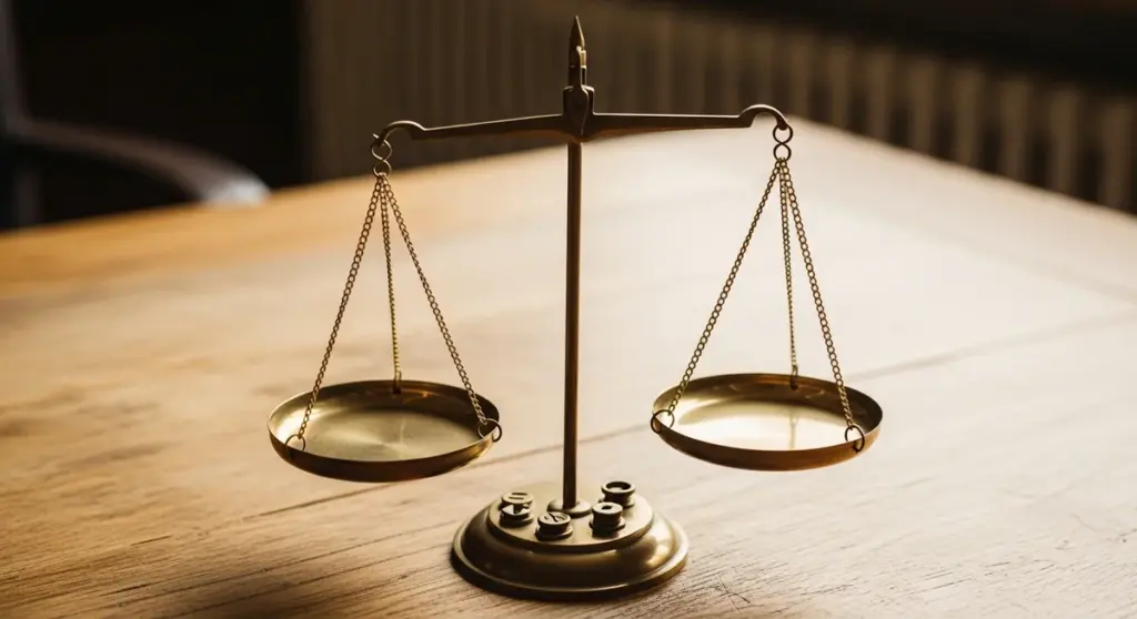 A brass scale of justice stands on a wooden surface
