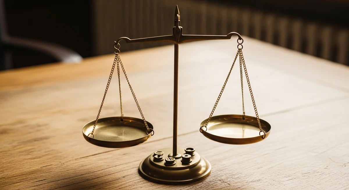 A brass scale of justice stands on a wooden surface