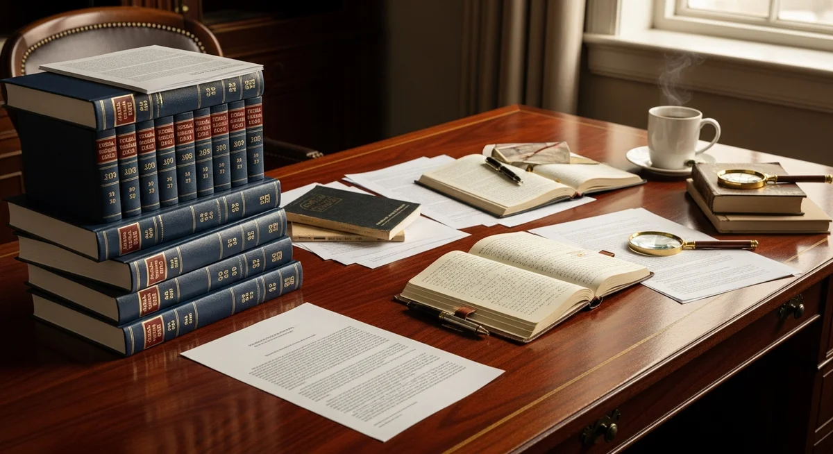 Two distinct piles of legal documents and books on a desk, representing the difference between federal and state legal systems.