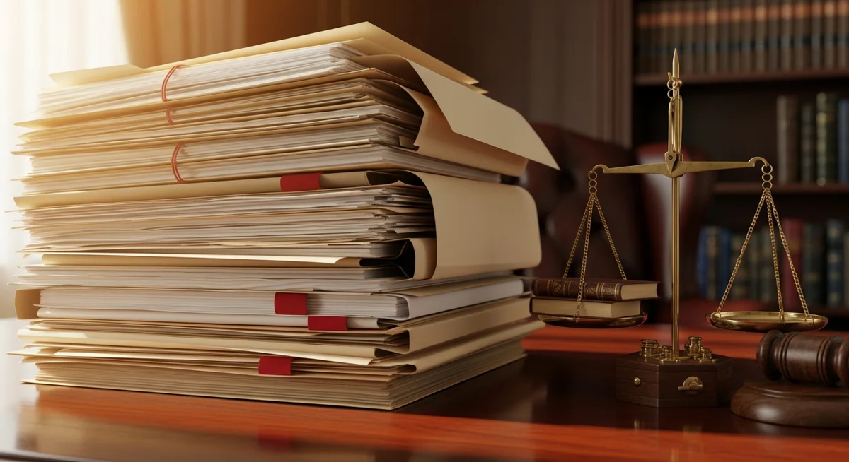 A large stack of legal documents on a desk, next to a set of scales of justice, conveying the volume of plea bargains.
