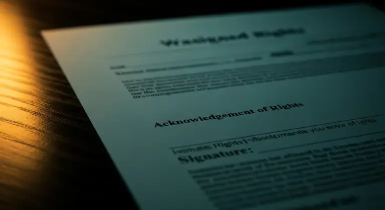 A document titled Acknowledgement of Rights rests on a dark wooden surface