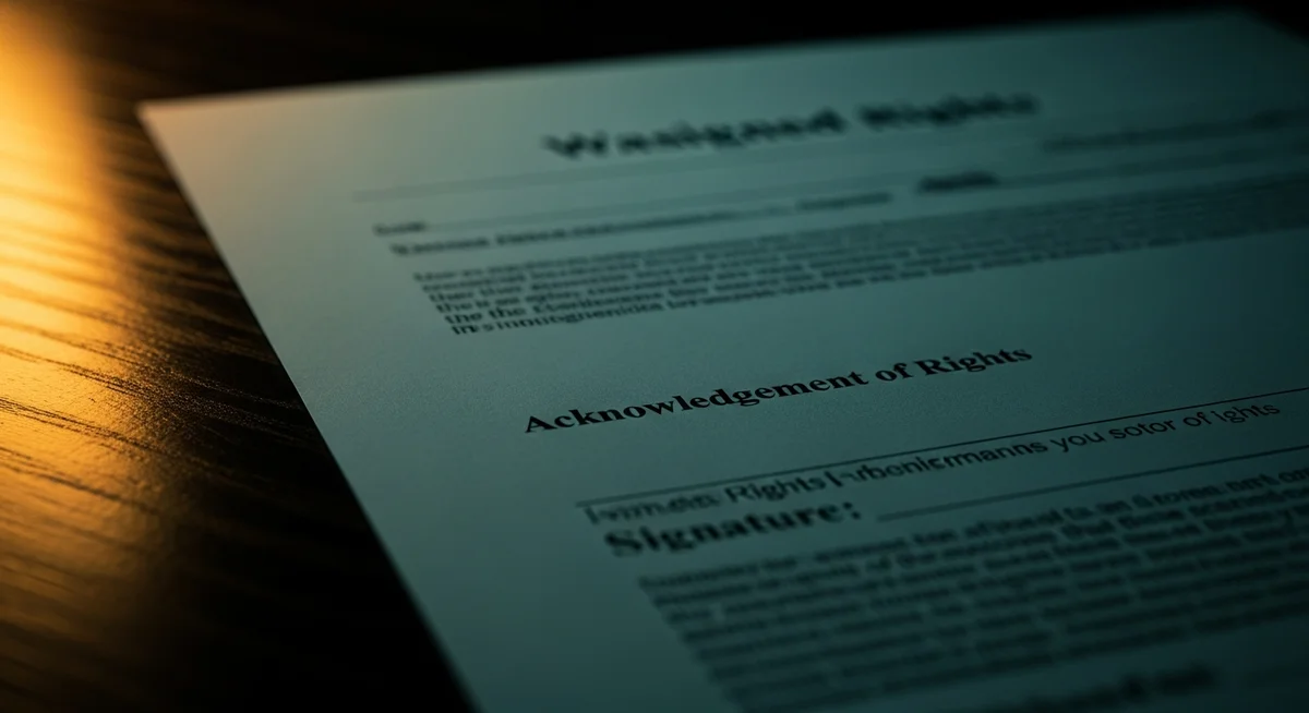 A document titled Acknowledgement of Rights rests on a dark wooden surface