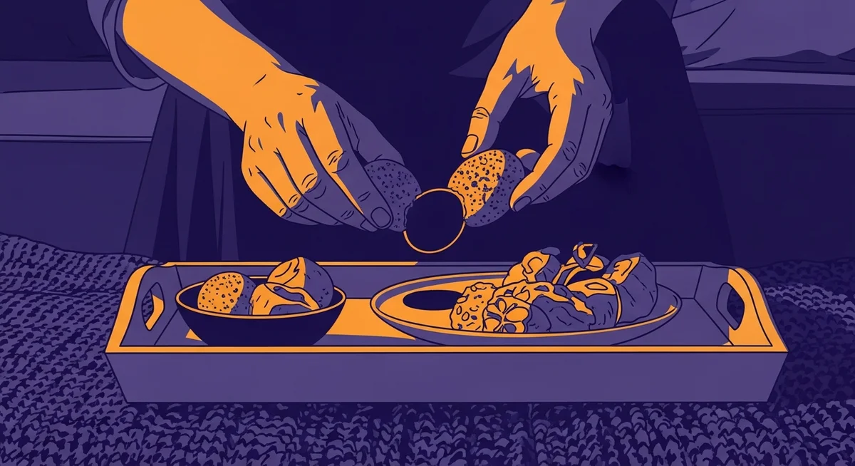 A duotone illustration of hands strategically removing a piece from a simple meal, creating a gap.