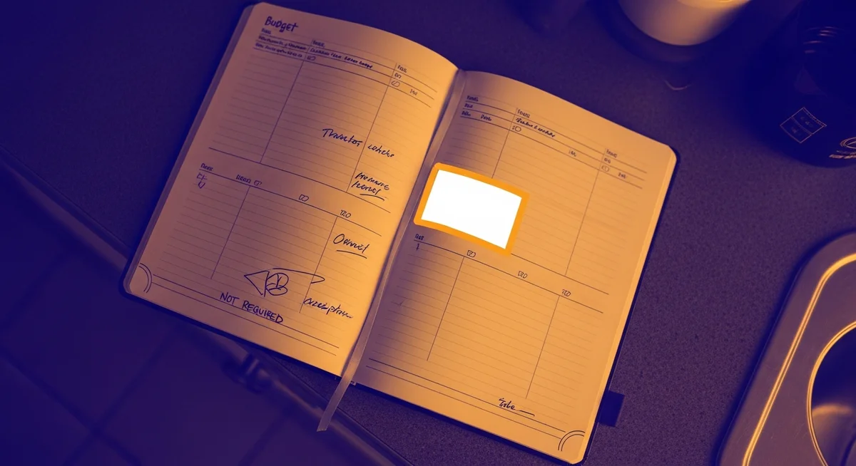 A duotone illustration of an open planner with a highlighted blank section, symbolizing exceptions to rules.
