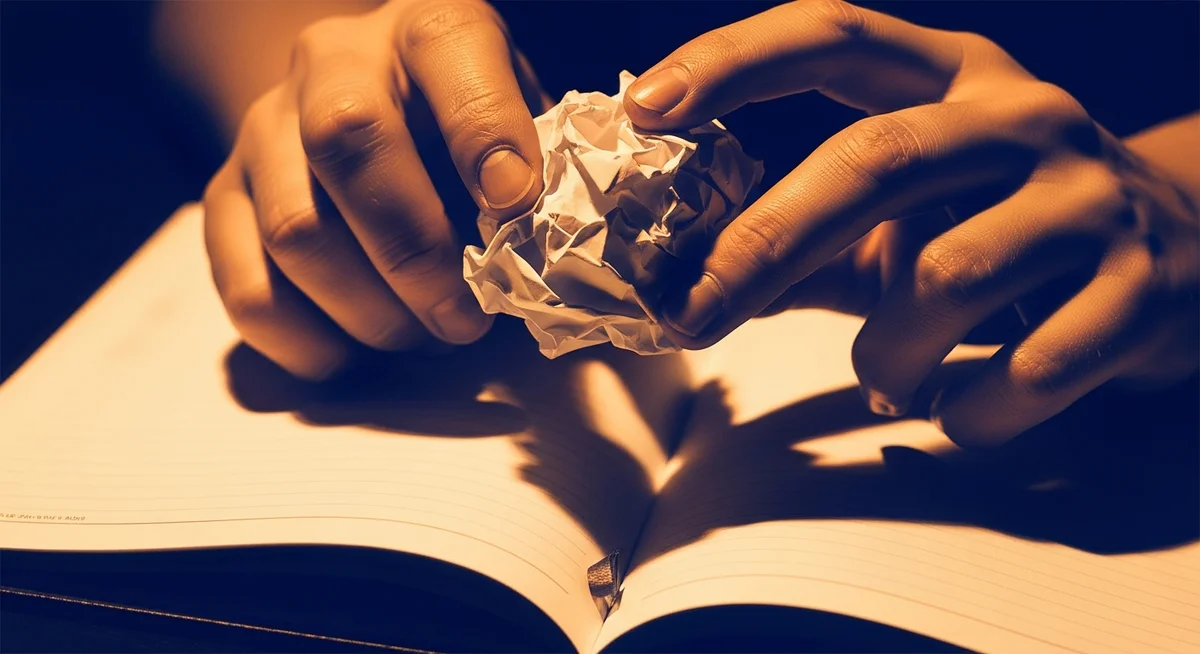 Hands holding a crumpled paper over an open planner, symbolizing bold individual expression and symbolic speech.