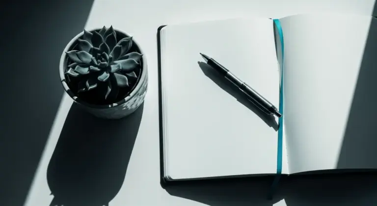 A succulent in a patterned pot sits beside an open notebook with a pen on a white surface