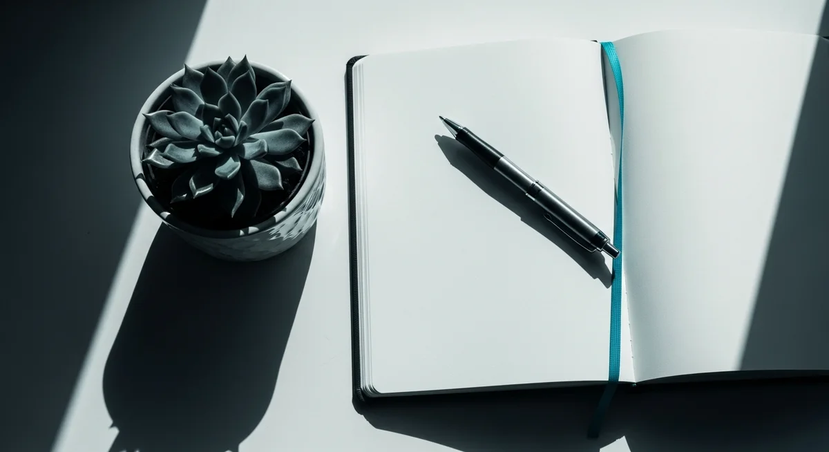 A succulent in a patterned pot sits beside an open notebook with a pen on a white surface