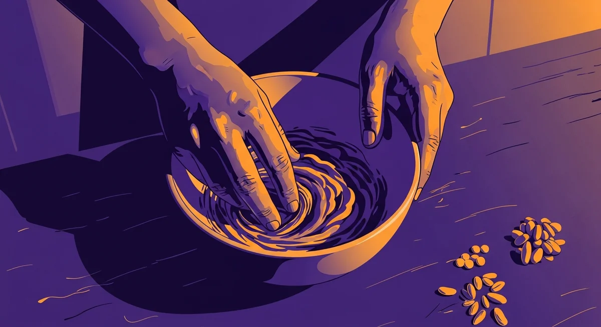 Hands mixing ingredients in a bowl on a kitchen counter, symbolizing personal freedom of choice and individual practice.