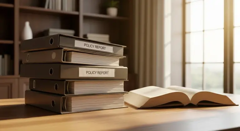 A stack of labeled policy report binders and an open book rest on a wooden desk in a library