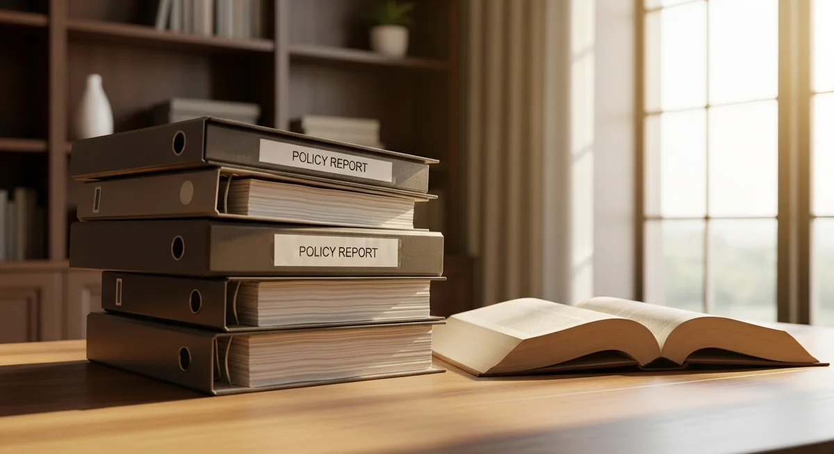 A stack of labeled policy report binders and an open book rest on a wooden desk in a library