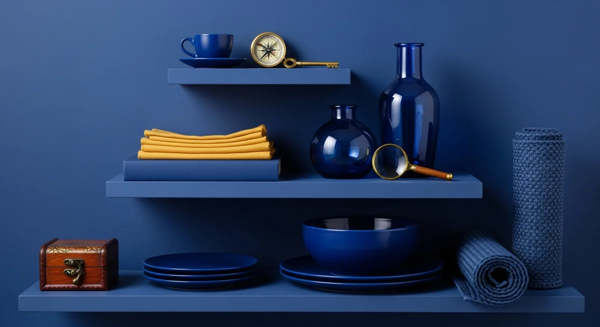 A duotone image of household objects neatly organized on a shelf in a hierarchical structure.