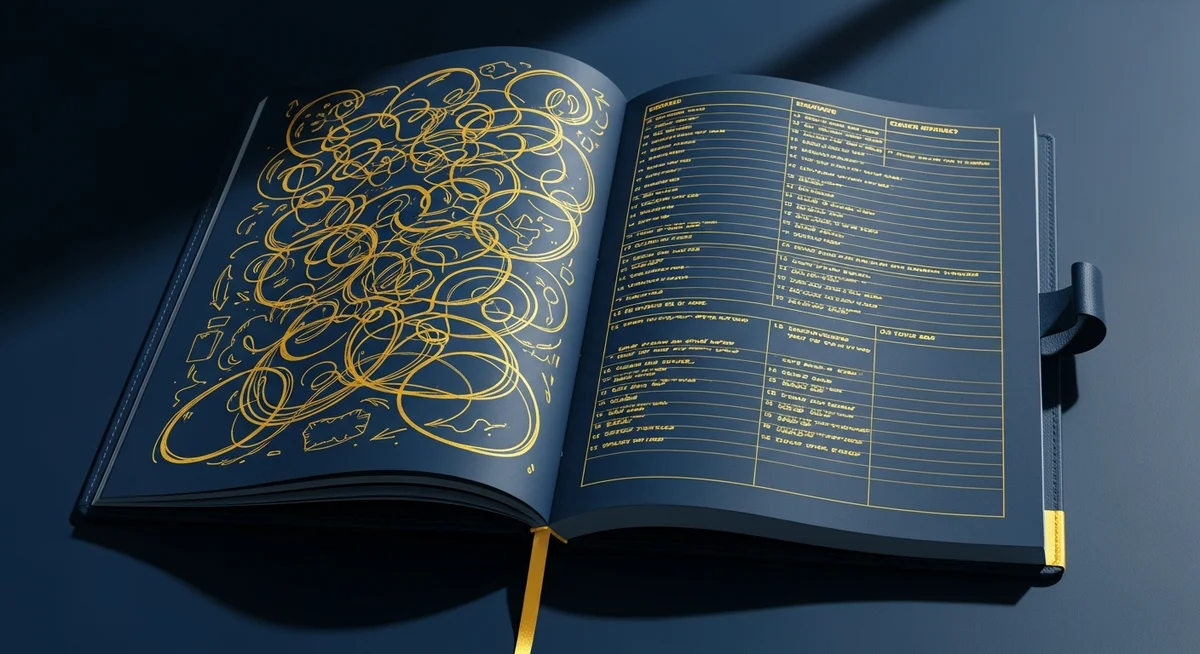 A duotone image of an open notebook with two contrasting organizational styles on its pages.
