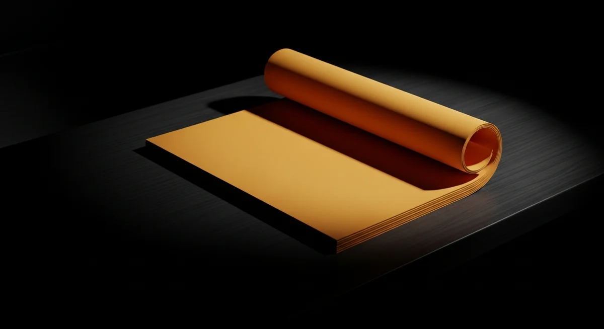 A rolled orange sheet of paper sits on a dark, textured surface