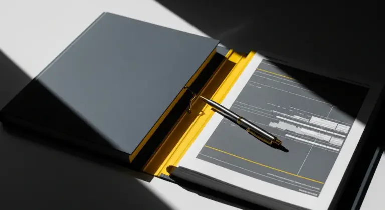 A grey binder with a yellow spine lies open on a white surface with a pen resting on paper