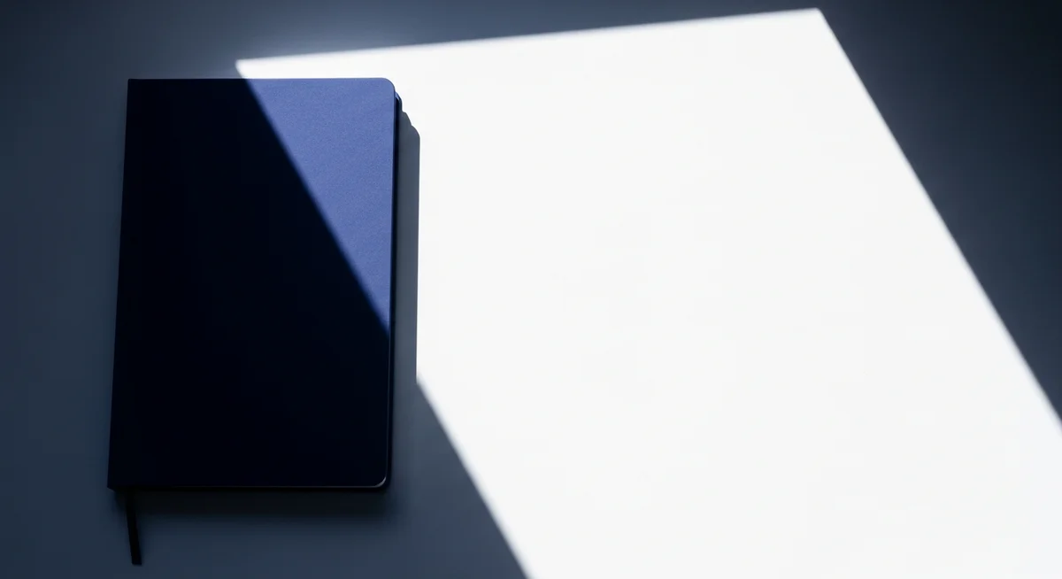 A dark blue notebook sits on a surface partially illuminated by a bright rectangular beam of light