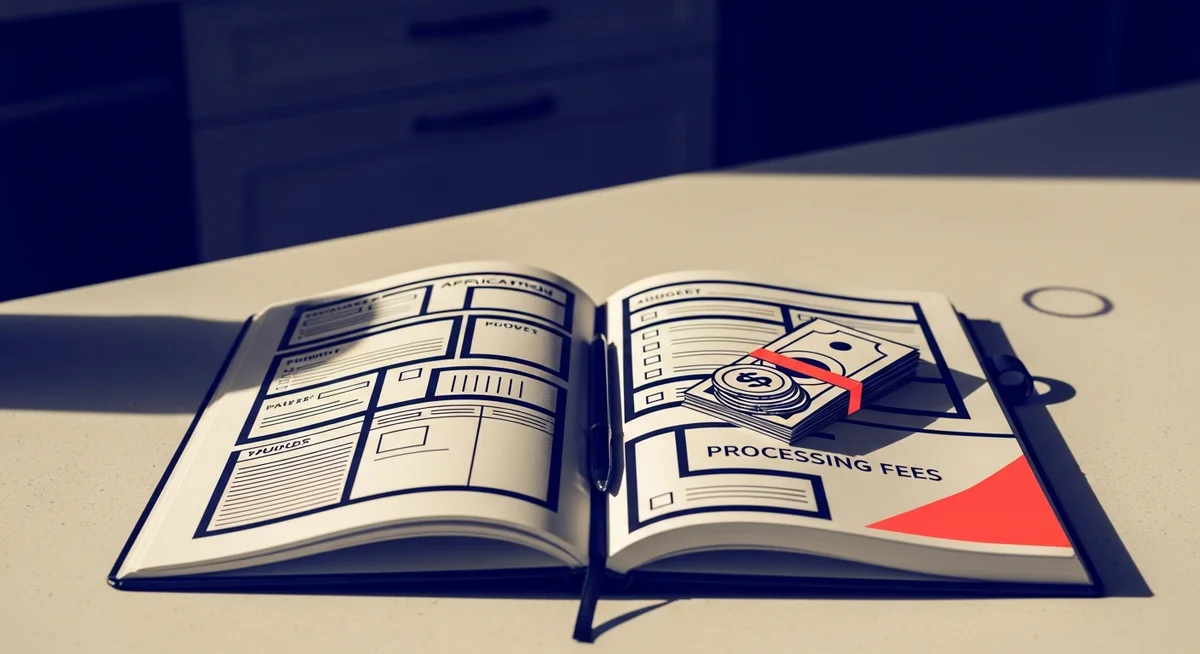 A duotone image of an open planner and a stack of money on a kitchen counter, representing an application process and fees.