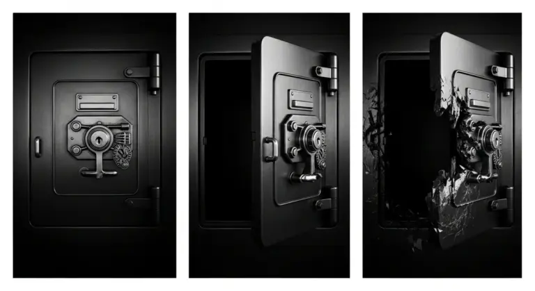 Three views of a safe door, transitioning from closed to open to shattered and broken