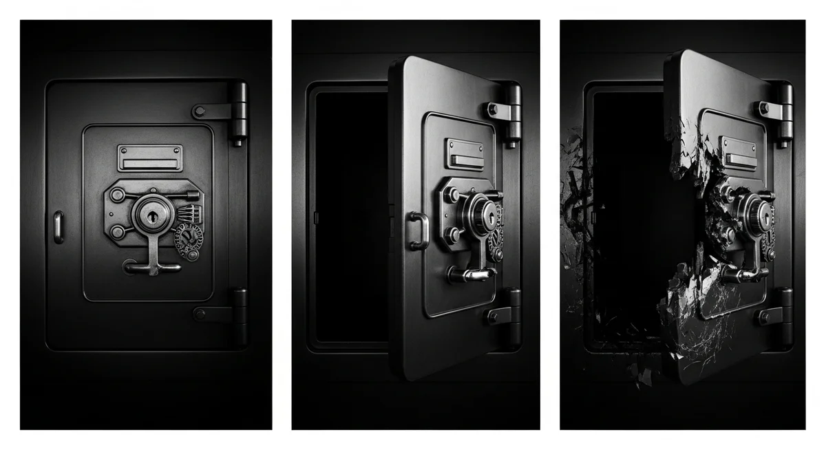 Three views of a safe door, transitioning from closed to open to shattered and broken