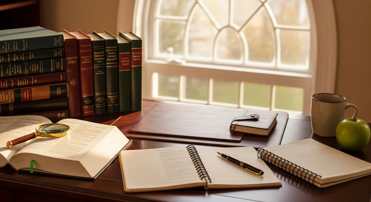 A stack of law books and notebooks on a desk in a warmly lit, quiet study room, emphasizing preparation.