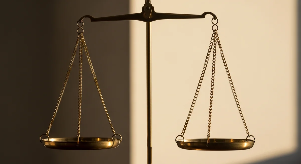 Close-up of perfectly balanced bronze scales of justice under warm daylight, symbolizing fair assessment.