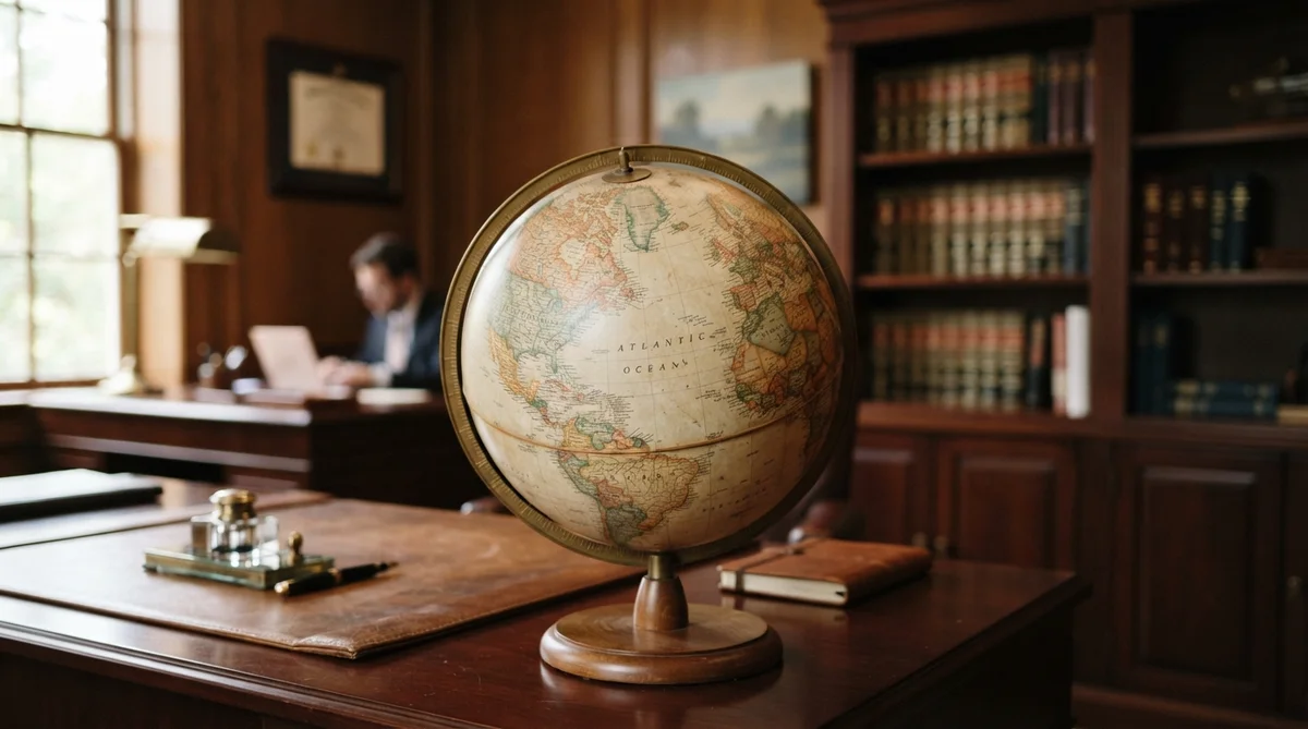 A globe sits on a wooden desk in an office with bookshelves and a person working in the background