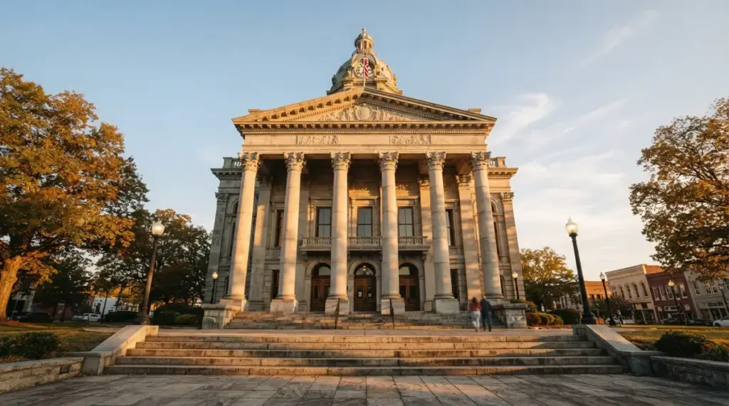 A grand, classical American courthouse exterior, bathed in warm golden hour sunlight, highlighting imposing stone columns