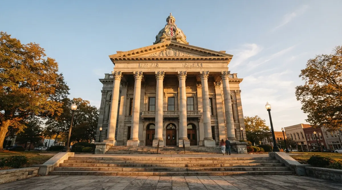 A grand, classical American courthouse exterior, bathed in warm golden hour sunlight, highlighting imposing stone columns