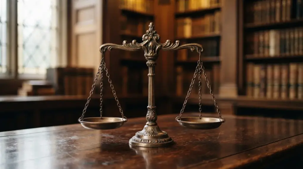 A brass scale of justice sits on a wooden table in front of a bookshelf-lined library