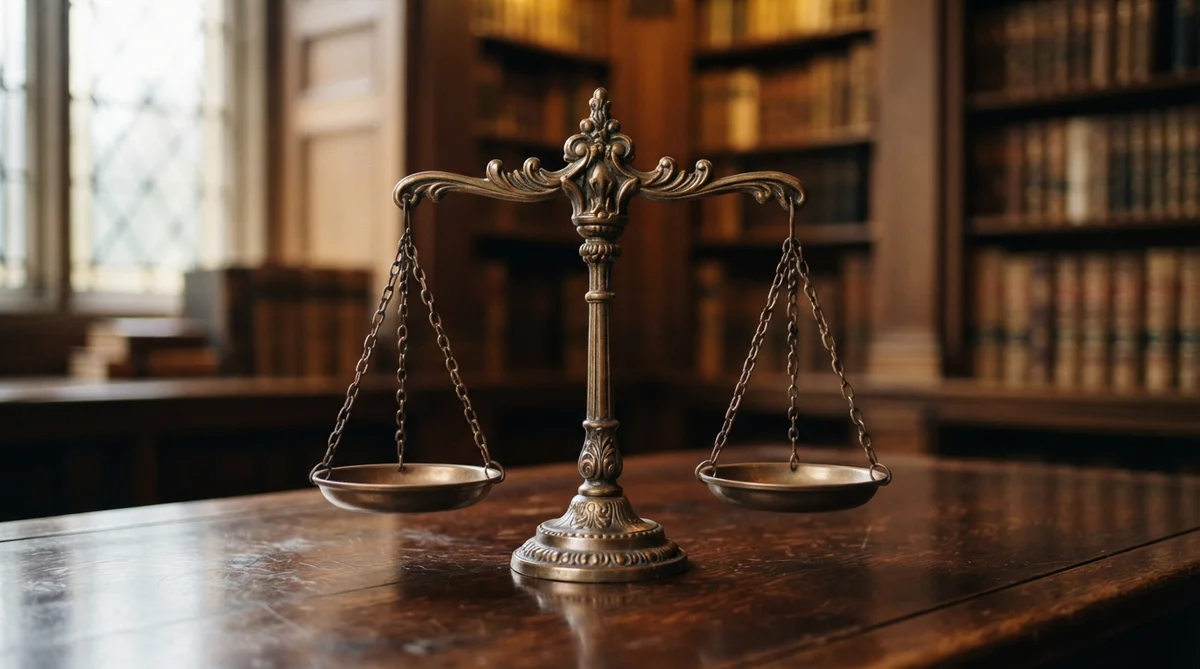 A brass scale of justice sits on a wooden table in front of a bookshelf-lined library