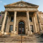 Classical stone courthouse with four large columns and a central clock in the pediment above steps
