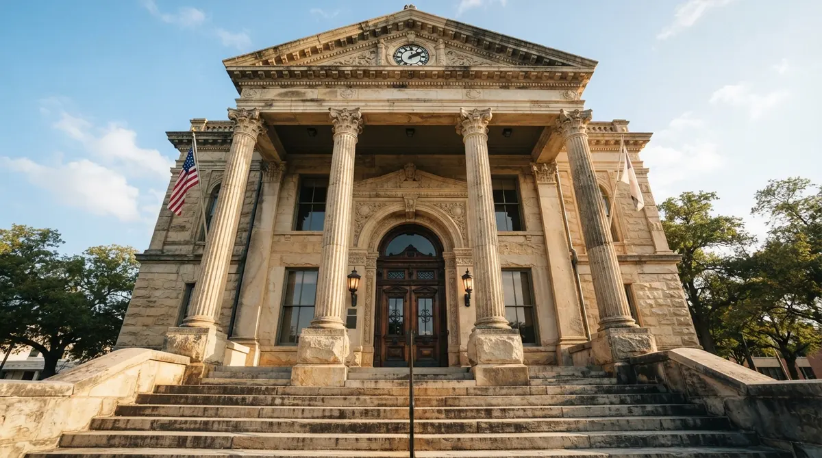 Classical stone courthouse with four large columns and a central clock in the pediment above steps
