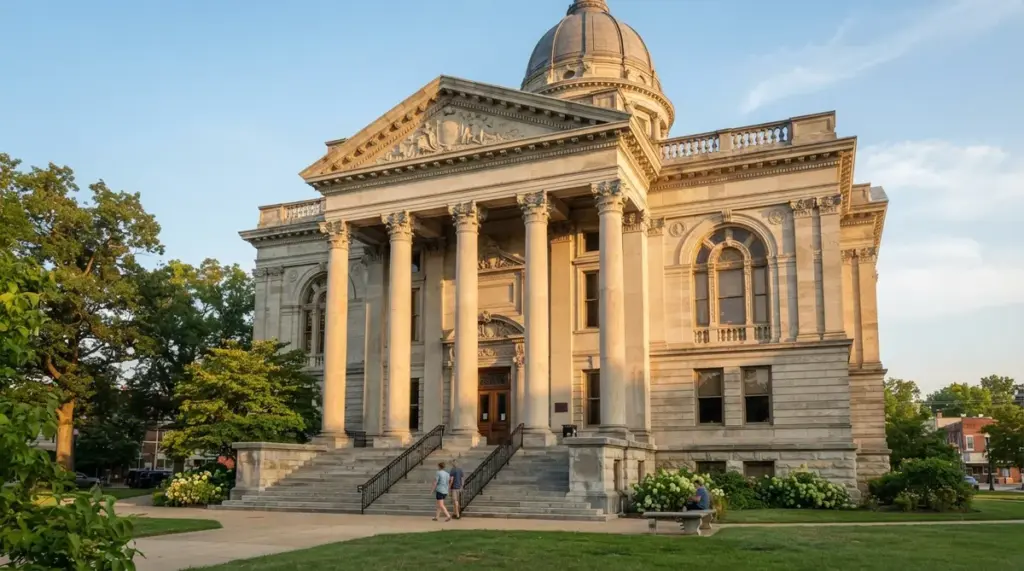 A stone courthouse building with a domed roof and large columns features a prominent staircase and landscaped grounds