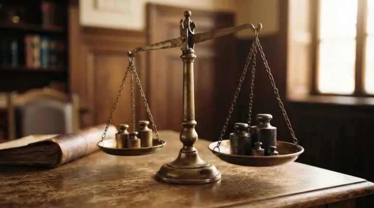 Antique brass balance scales with metal weights sit on a wooden desk in a library-like room