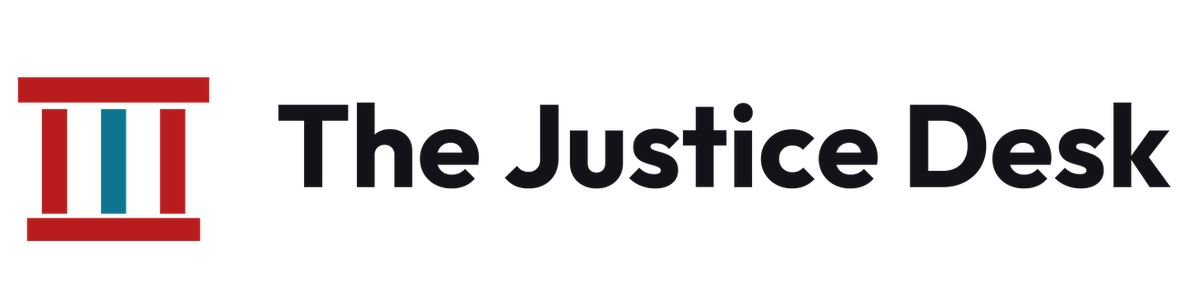 The Justice Desk logo featuring three vertical bars beneath a horizontal line next to bold black text