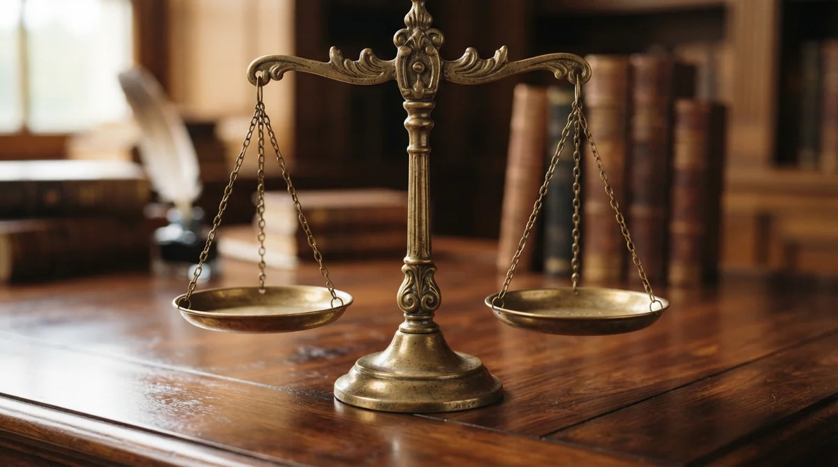 A brass set of balanced scales sits on a wooden desk before a background of books and a quill