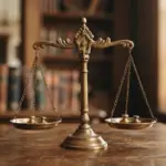 Close-up detail of classic brass scales of justice, perfectly balanced on a polished wooden surface, bathed in warm
